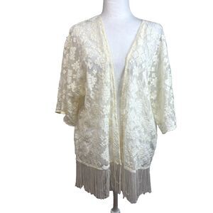 Forever 21 Sheer Kimono Cardigan Size S Ivory Embroidered Fringe Boho Festival